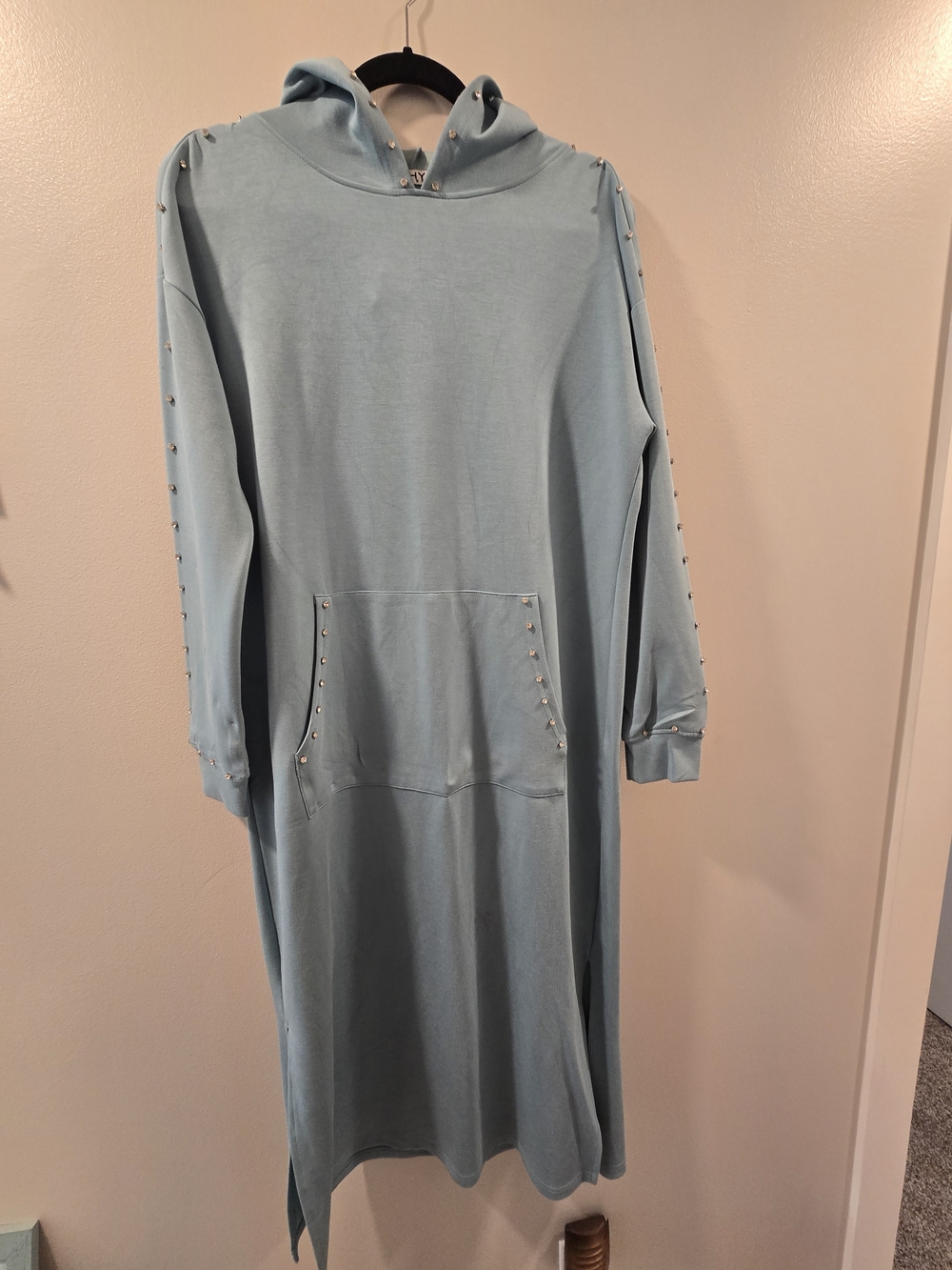 Hooded Maxi Dress in Light Blue with Stud Trim